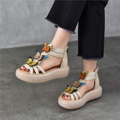 Retro Roman Sandals Thick Soled Genuine Leather Flower Women's Platform Shoes
