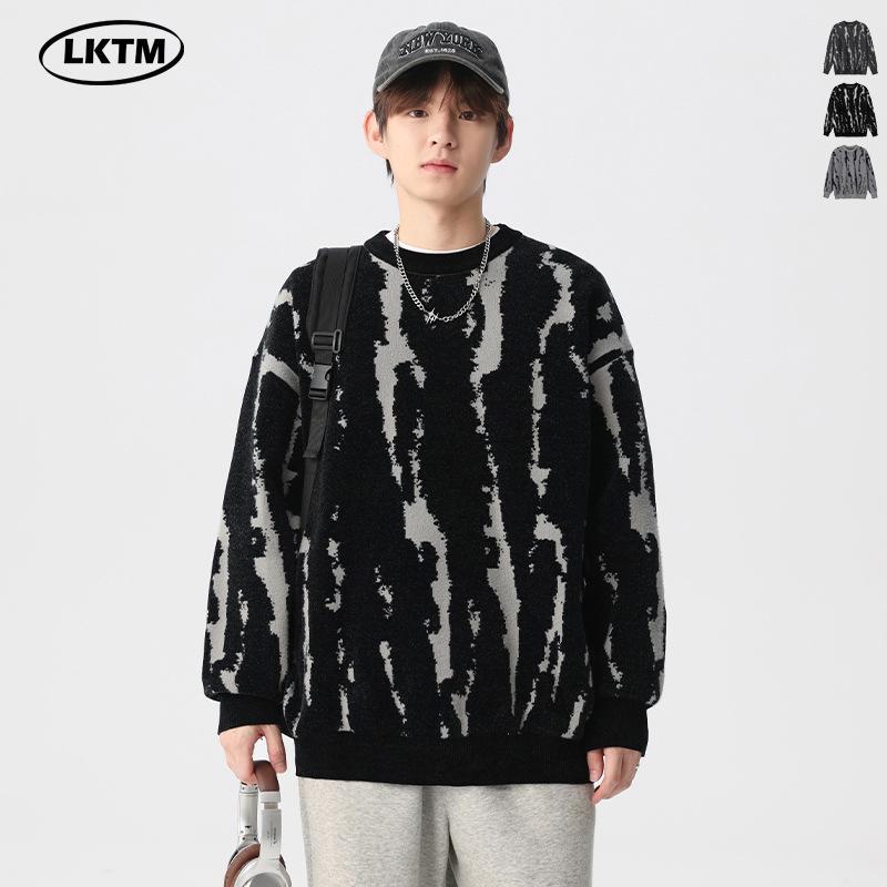 

LKTM Men s Japanese Tie-Dye Round-Neck Winter Sweater - Casual Loose Knit Style L темно-серого