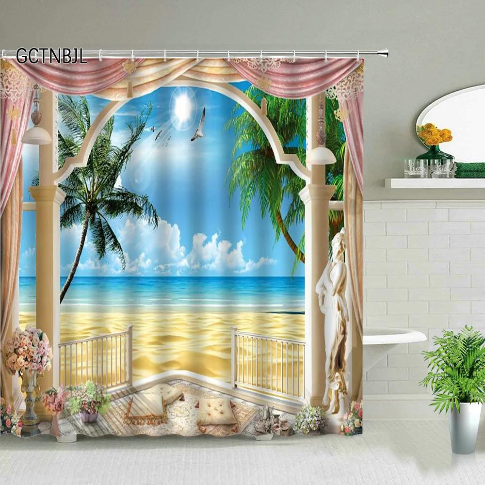 Ocean Scenery Shower Curtains Ldyllic Building Flower Plant Spring Landscape Bathroom Curtain Waterproof Fabric Bathtub Screen