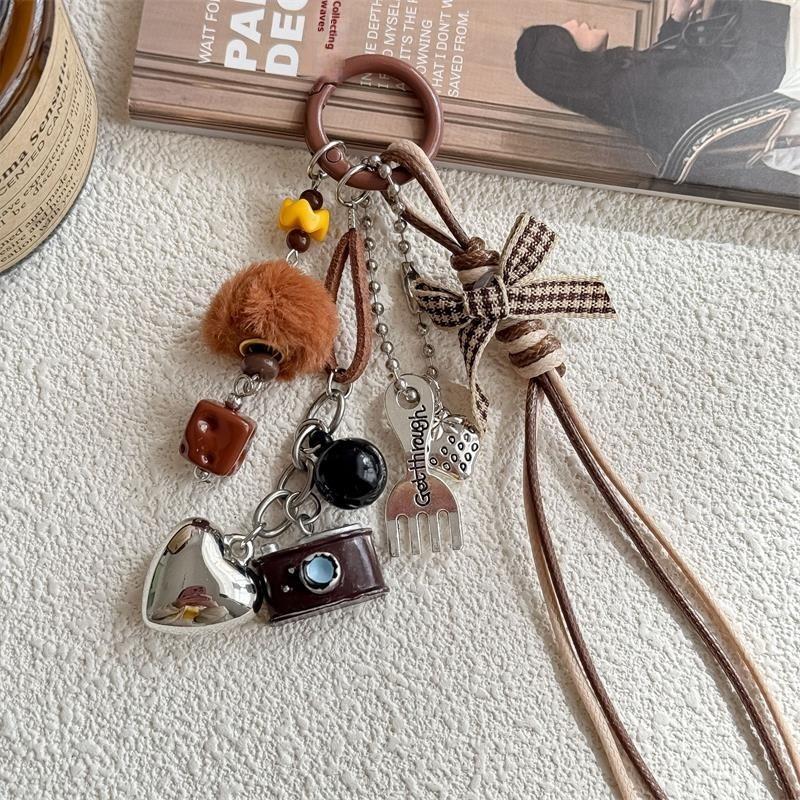 Cute Braided Rope Love Bow Bead Fluffy Ball Keychain Pendant Backpack Charm Phone Chain Bag Hanging Accessory Girl Keyring Gifts