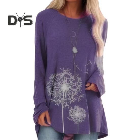 Women's Plus Size Tunic Top Dandelion Print Longline Shirt Crew Neck Long Sleeve Pullover Tee Casual Loose Fit Blouse for Work Daily Life