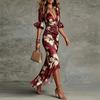 Womens V-Neck Floral Print Wrap Hem Fit-and-Flare Midi Dress High Waist Slim Fit Casual Elegant
