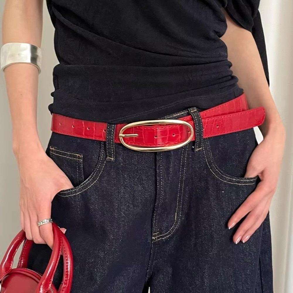 Red Jeans Belt PU Women's Waistband Fashion Needle Buckle Belt  Decoration Belt