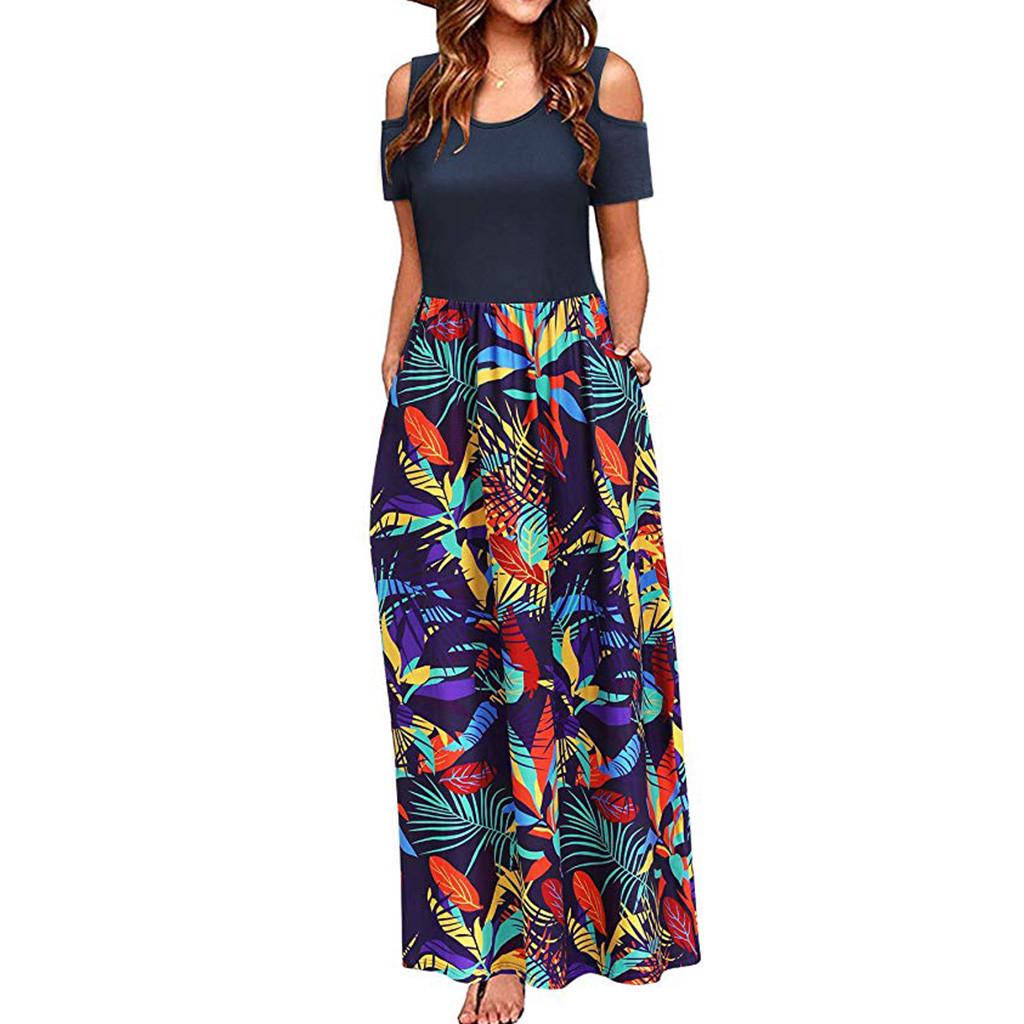Women Summer Cold Shoulder Floral Print Elegant Maxi Long Dress Pocket Dress