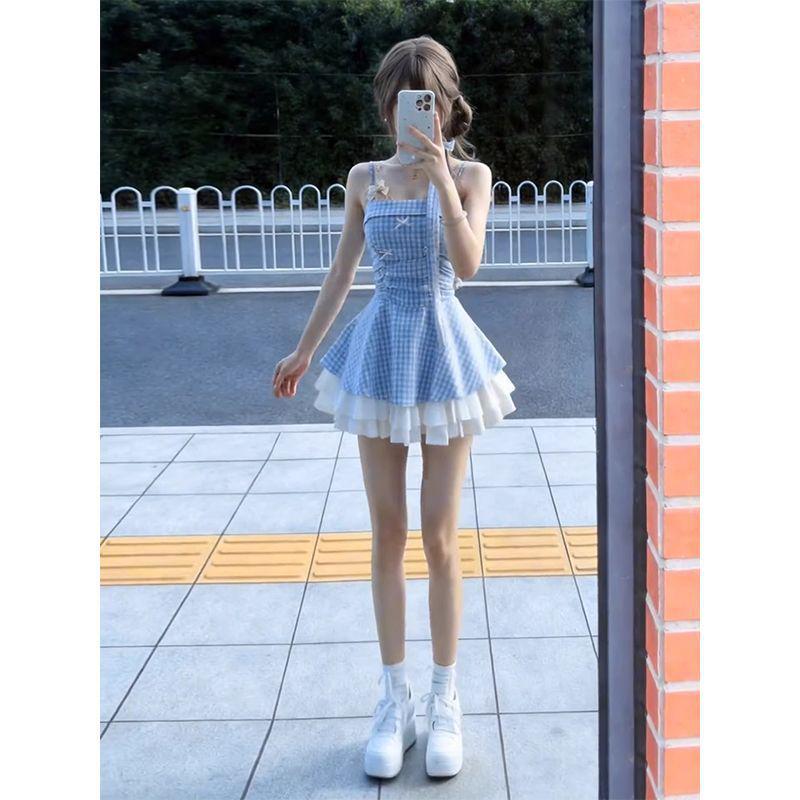 Elegant Plaid Bow Puffy Short Skirt Halter Dress for Women - Summer 2026