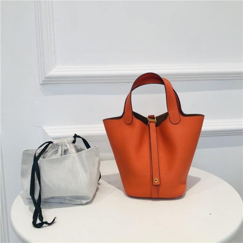 Top Grain Leather Bucket Bag Small Size Vintage Handbag Gold Hardware Daily Use