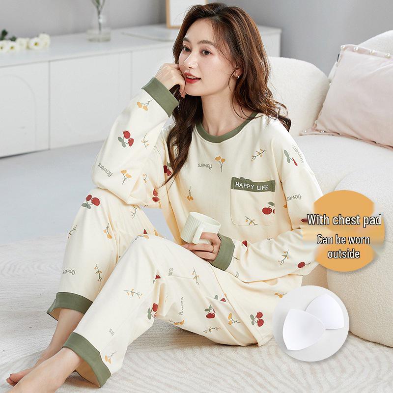 2025 Women's Long Sleeve Cotton Pajamas with Cartoon Design & Breast Pads - Versatile for Home or Outdoor Wear In Spring, Autumn, and Winter.
