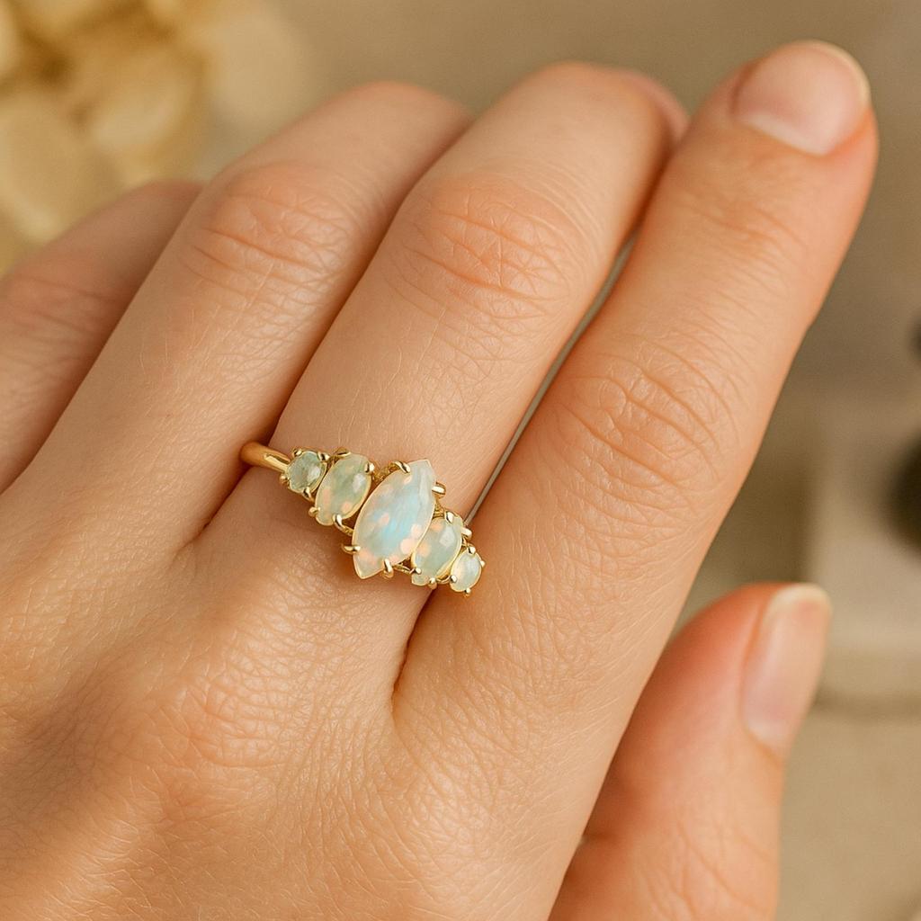 Marquise & Round Opal Ring – Yellow Gold Plated 925 Sterling Silver Bridal Wedding Band – October Birthstone Jewelry Gift for Her