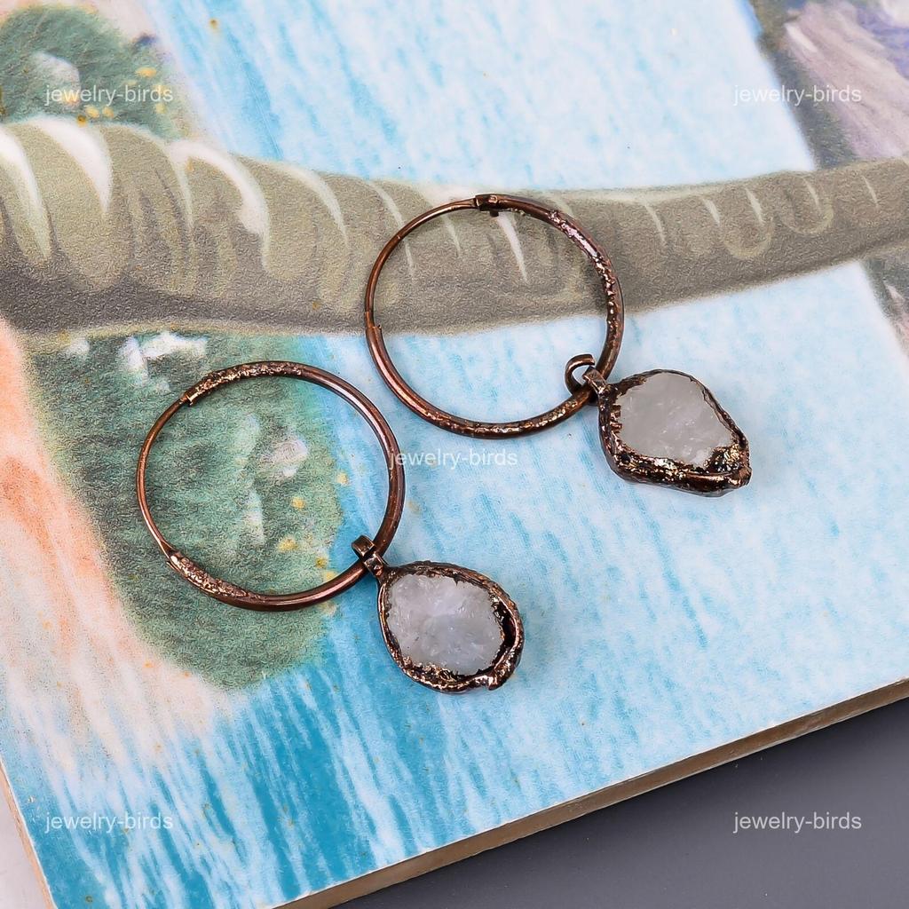 Rainbow Moonstone Gemstone Copper Dangle Birthday Electroformed Earrings Jewelry V-110