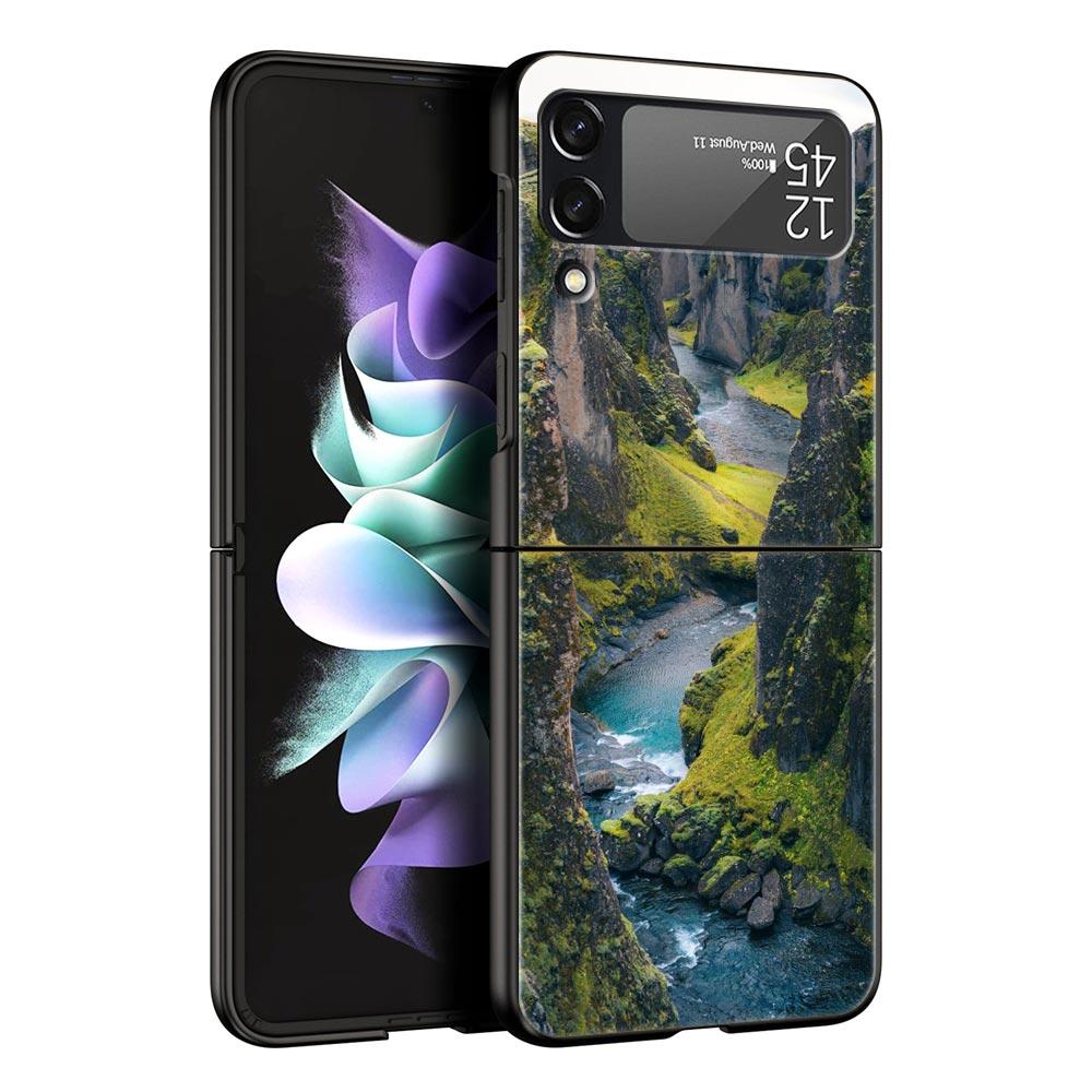 Z Flip 4 Phone Case for Samsung Galaxy Z Flip 3 5G ZFlip3 Flip3 Zflip Flip4 Black Hard Cover Waterfall Nature Trees Ship Shell