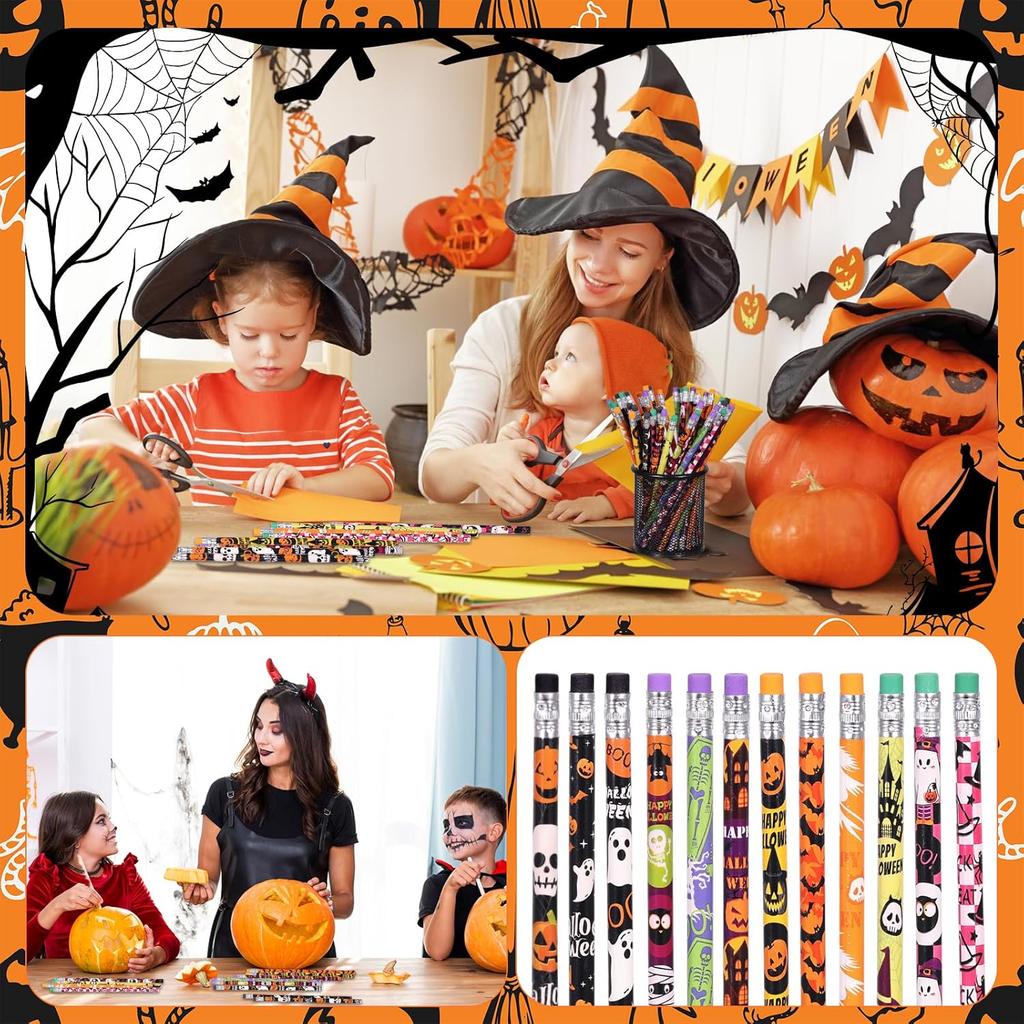 48 Pieces Halloween Pencils with Eraser Assortment Halloween Themed Pencil Ghost Pumpkin Skeleton Bat Spider Wooden Pencils for Halloween Party Favor