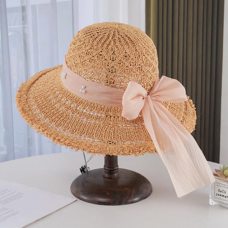 Hollow Woven Sun Hat Women'S Summer Sun Protection Big Brim Straw Hat Bow Pearl Decoration Beach Degree