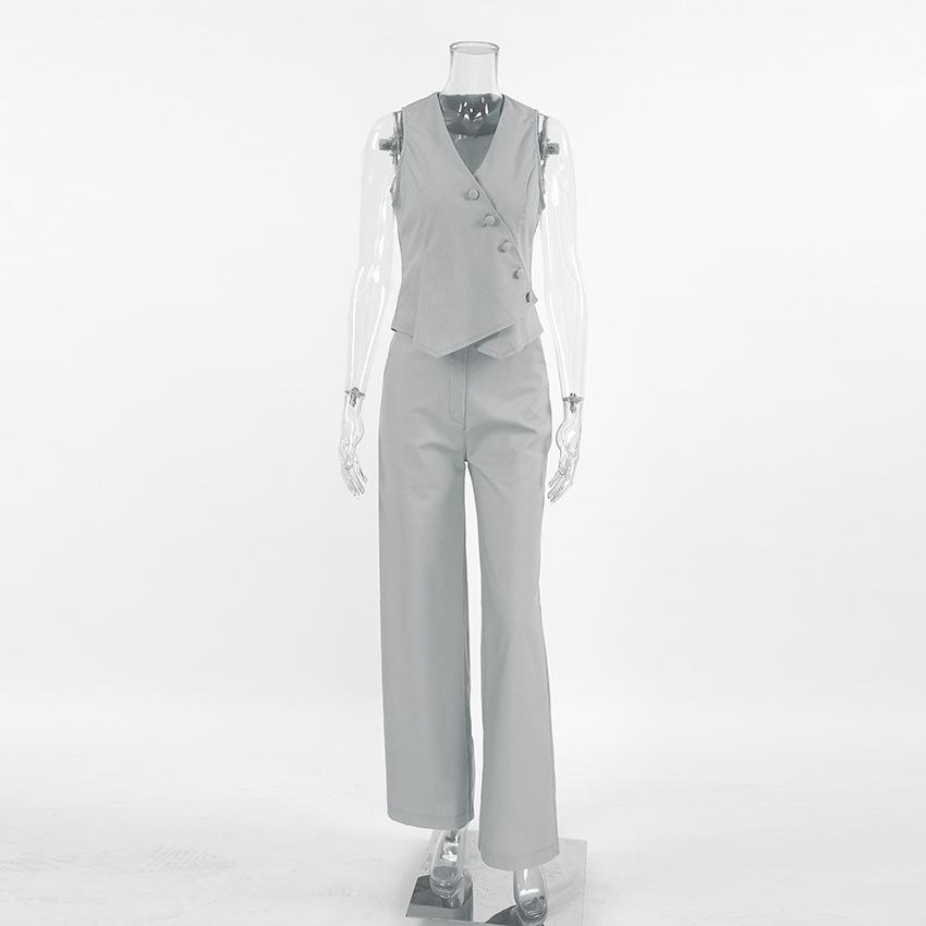 European and American cotton and linen khaki cardigan vest straight pants two-piece set women's 1116 summer new casual suit