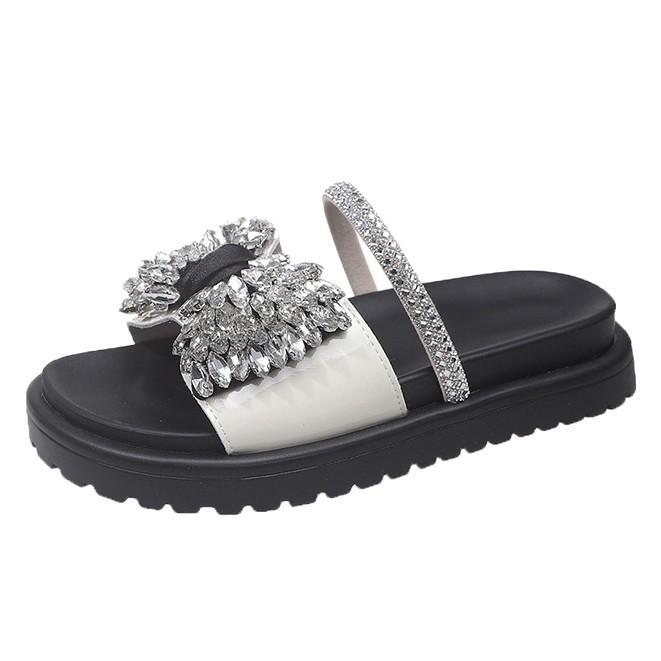 2025 Women's Summer Wear Cool Slippers with a Hundred Matching Thick-bottomed Rhinestone Bow Skirt Summer New French Flat-bottomed Drag