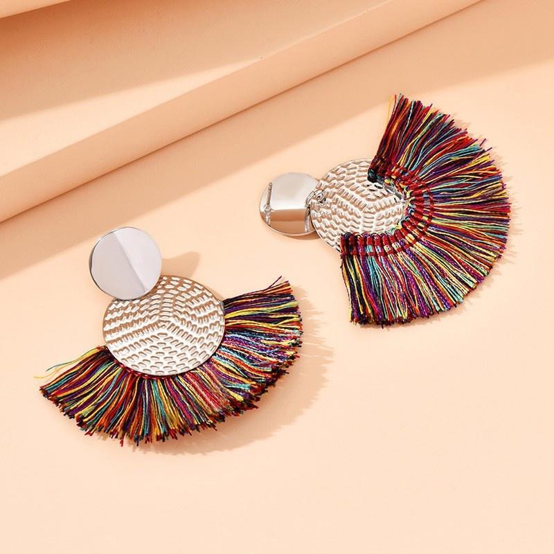 1 Pair Fashion Bohemian Style Fan-shaped Tassel Dangle Earrings For Women Girls Statement Drop Earrings Zircon Accessories