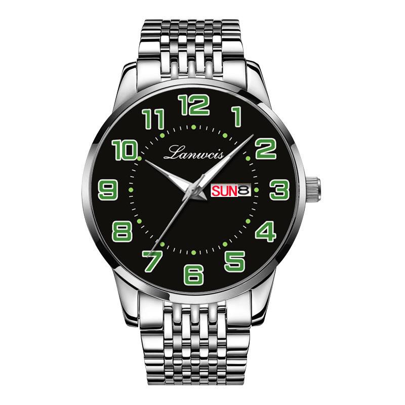 Men's Large Dial Digital Quartz Watch, Steel Band, Dual Calendar In English & Chinese, Waterproof - Ideal for Seniors