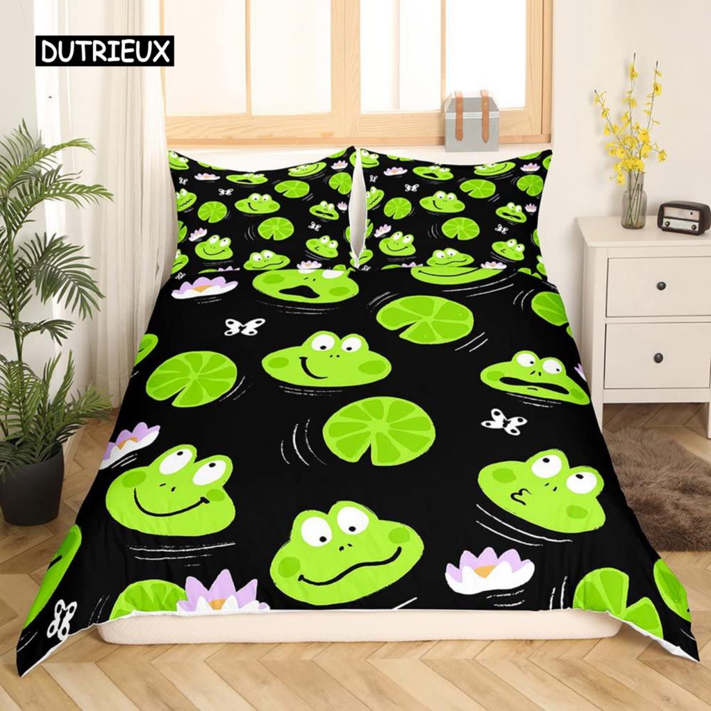 Cartoon Frog Duvet Cover Set Light Green Cartoon Frogs Cute Dragonfly Animal Bedding Set for Kid Twin Size Polyester Quilt Cover