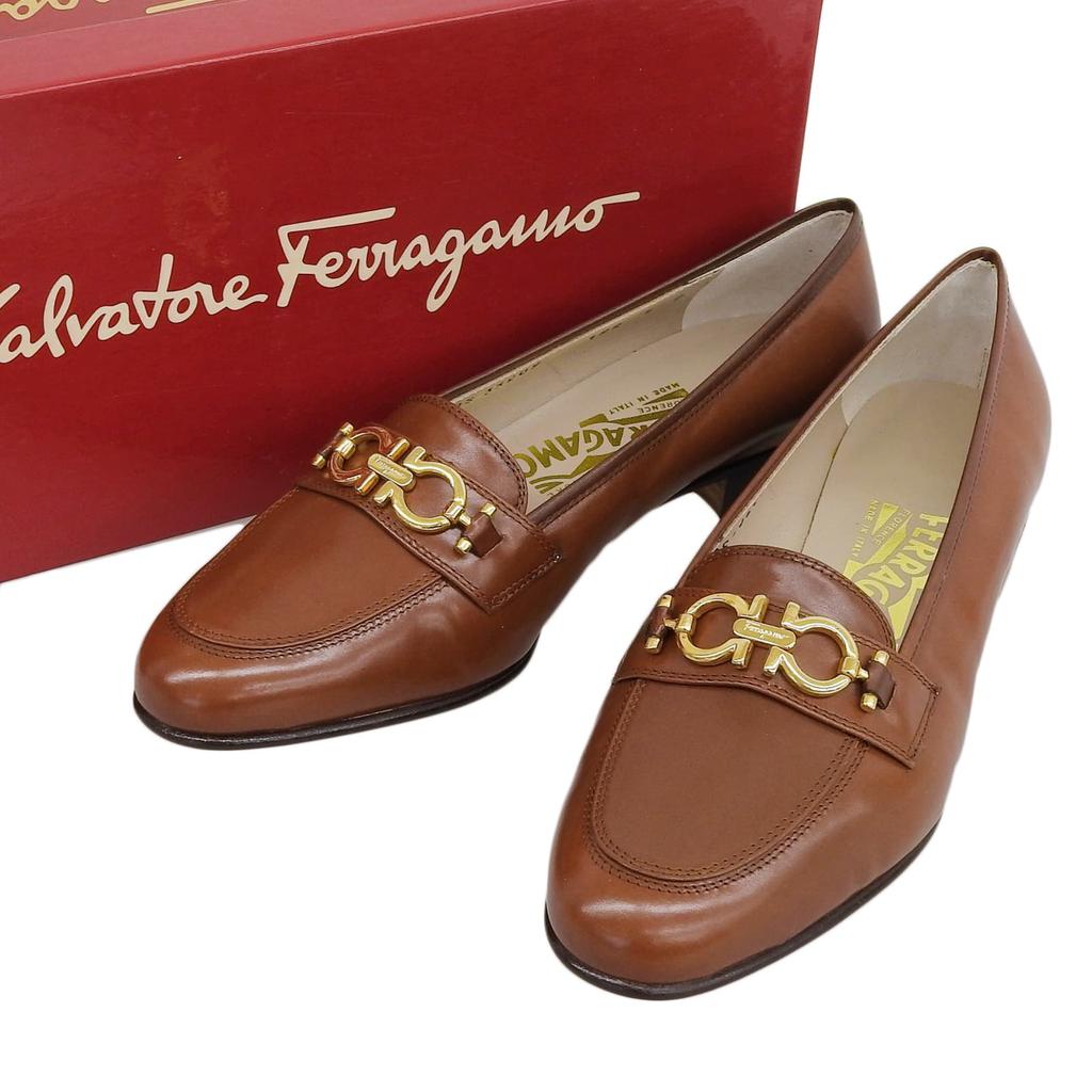 Salvatore Ferragamo Loafers BABS Double Gancini Brown Leather Women 7 33209 Used