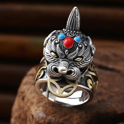 Mythischer wilder Tierring, der Persönlichkeit öffnet, klassischer thailändischer herrschsüchtiger Herrenring S925 aus reinem Silber mit Ornamenten aus Silber