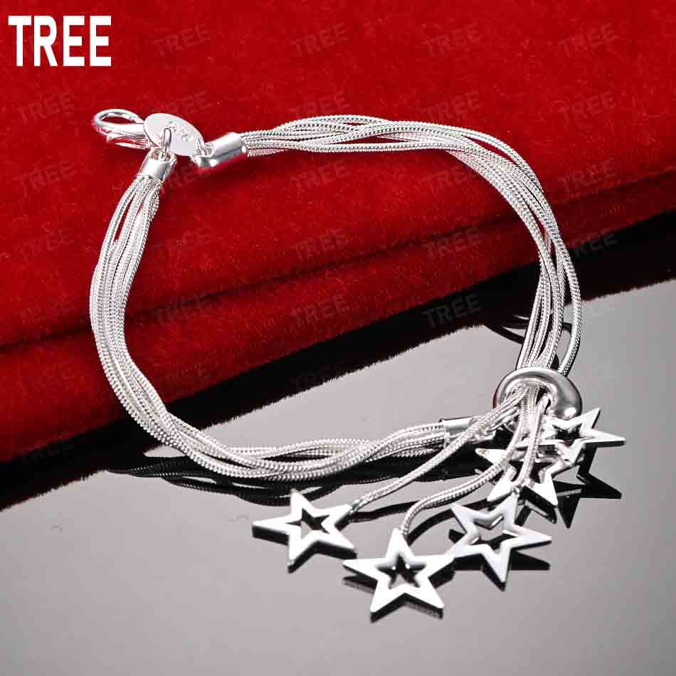 925 Sterling Silver Tassel Openwork Five-Pointed Star Side Chain Exquisite Bracelet Gift Jewelry 20CM