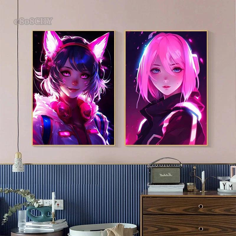 Neon Anime Cat Girl Posters Prints Canvas Painting Manga Neon Canvas Wall Art Pictures for Modern Home Girl Bedroom Game Decor