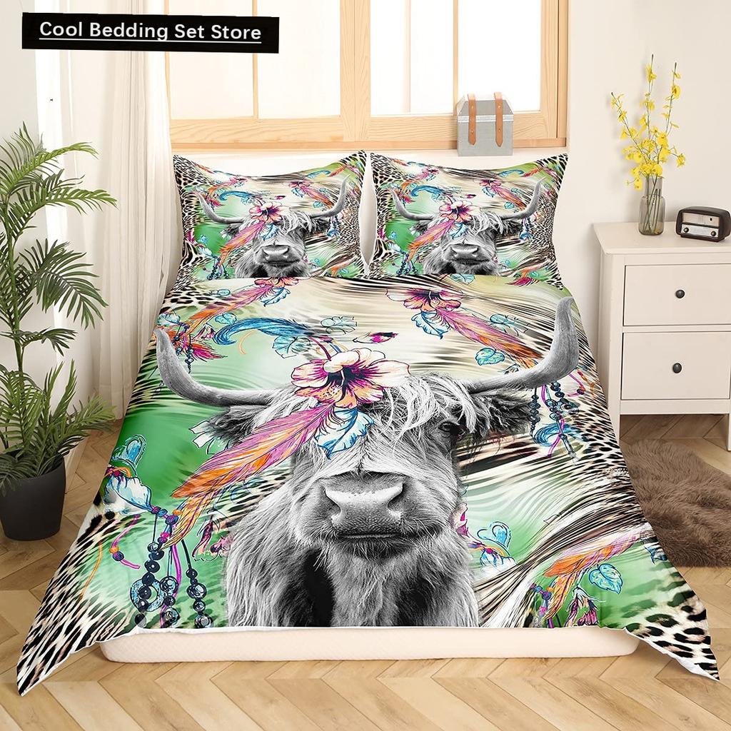 Comforter Cow Herd Pattern King Queen Bedding Set Highland Bull Farm Animal Dairy Cattle Comforter Polyester