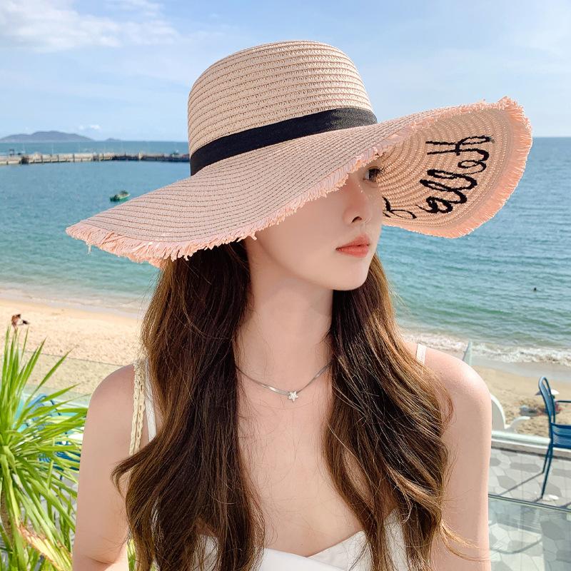 Bowknot Strap Decor Sun Hat Simple Letter Wide Brim Straw Hats Summer Sunshade Beach Hats Suitable for Travel, Seaside Vacation