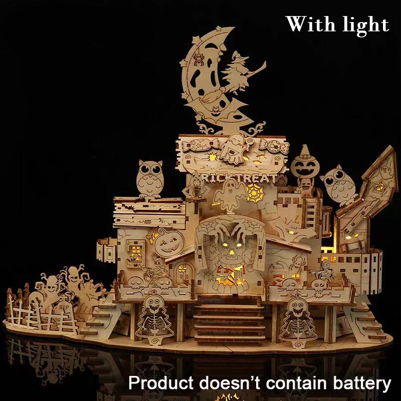3D Halloween Haunted House Wooden Puzzle Ghost Tree with Light DIY Model Craft Kits Desk Decoration Toys Gift for Kids Adult