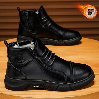 Herren Schwarze Leder Stiefeletten Winter Warm Baumwollschuhe High Top Casual Leder Motorradstiefel Trend Slip-on Herren Schneestiefel