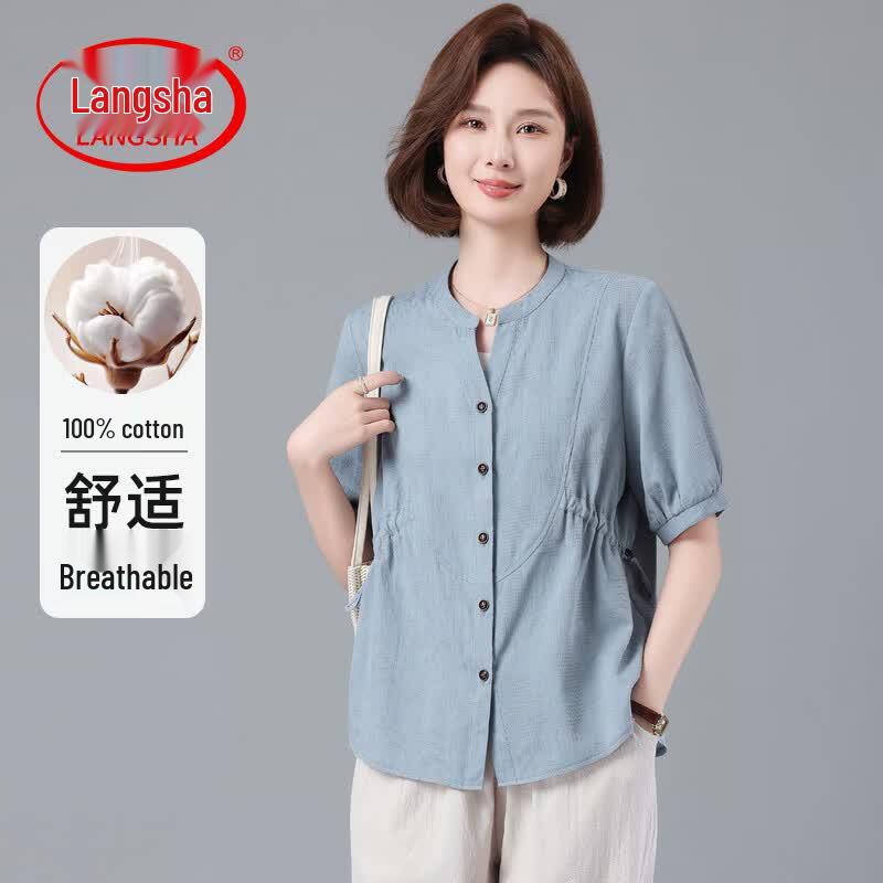 Langsha Women's Loose Cotton Short Sleeve Shirt