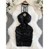 2024 Summer Women's Clothing Heavy Industry Beads Elegance Sexy Halter off-Shoulder Tube Top Bodycon Dress Satin Dress
