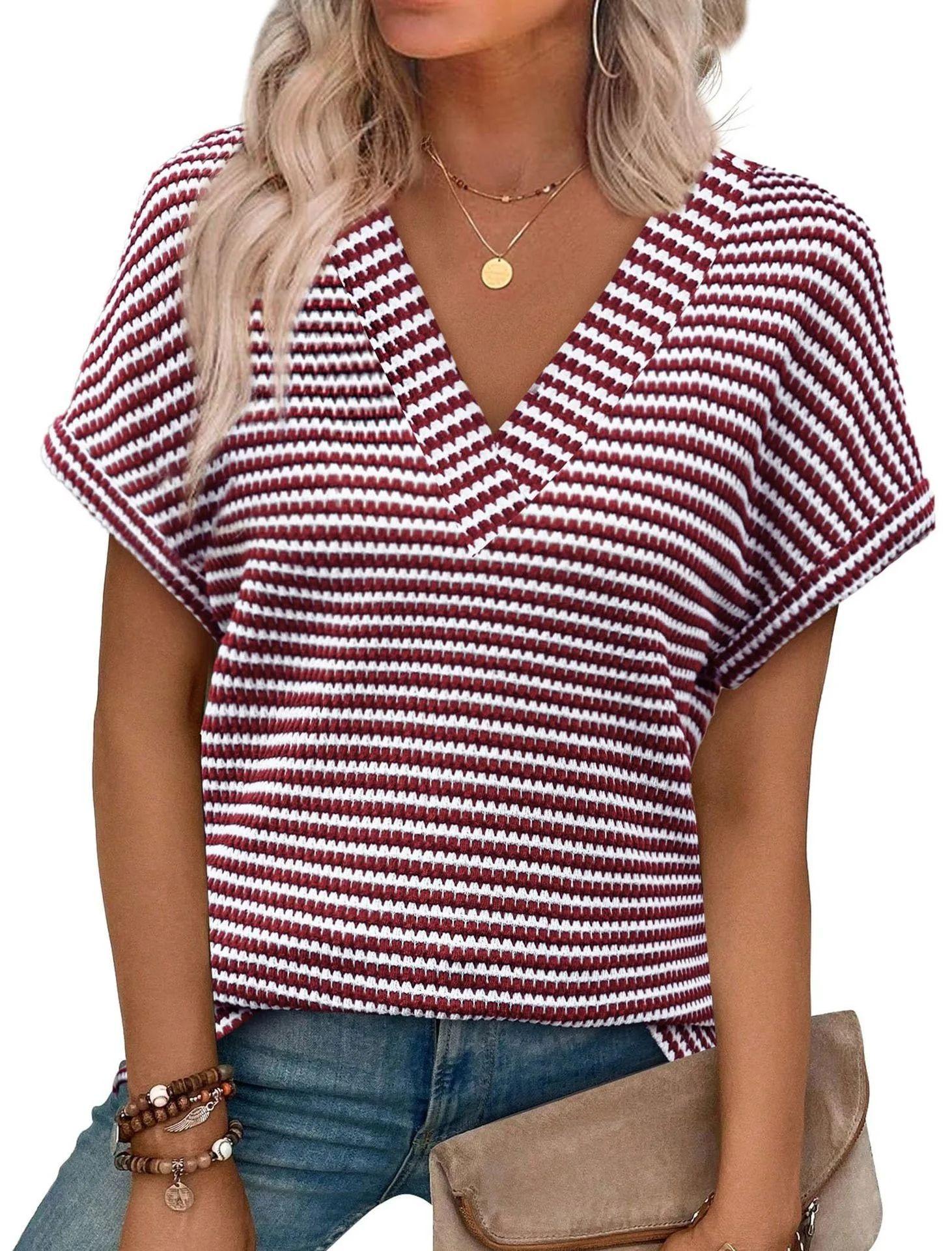 

European and American women s clothing TK summer new V-neck striped pineapple plaid loose short-sleeved t-shirt top XXL бордовий