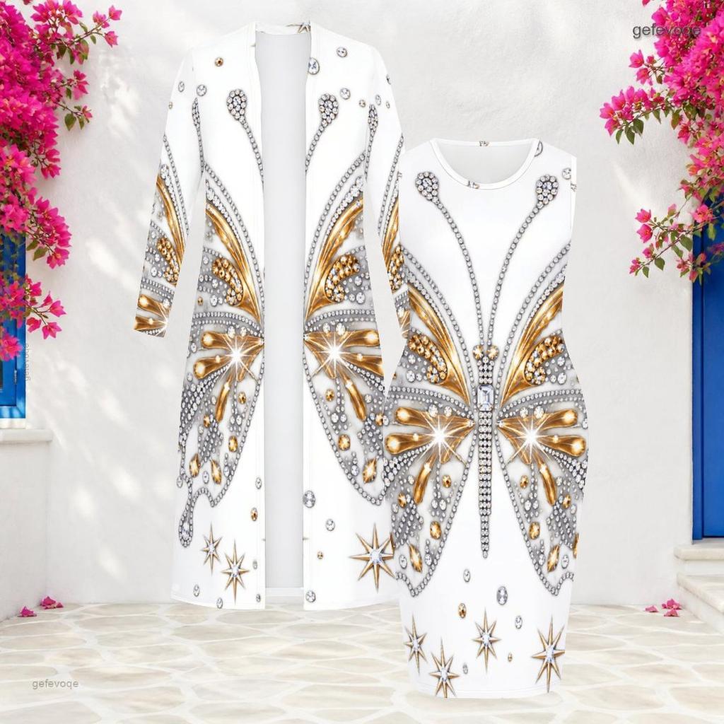 Women Plus Size Black Printed Two Piece Set Long Sleeve Open Front Cardigan Sleeveless Bodycon Dress