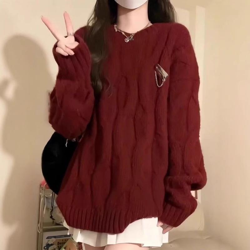 Women's Red Cable Knit Sweater - Simple, Loose, and Cozy for Christmas, New Year, Autumn, and Winter.