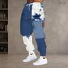 Men Plus Size Blue White Printed Drawstring Jogger Pants Side Pockets Cuffed Ankle Long Trousers