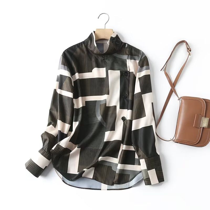 

MD Women clothes New Geometric Pattern Design Sense Top Button Stand Collar Long sleeve Shirts 05110820500 Picture color L