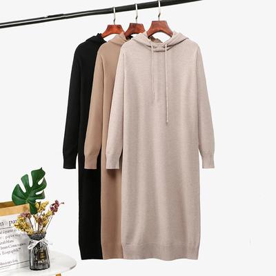 Autumn Winter Hooded Straight Long Women Solid Casual Full Sleeve Hoodies Dress Female Office Lady