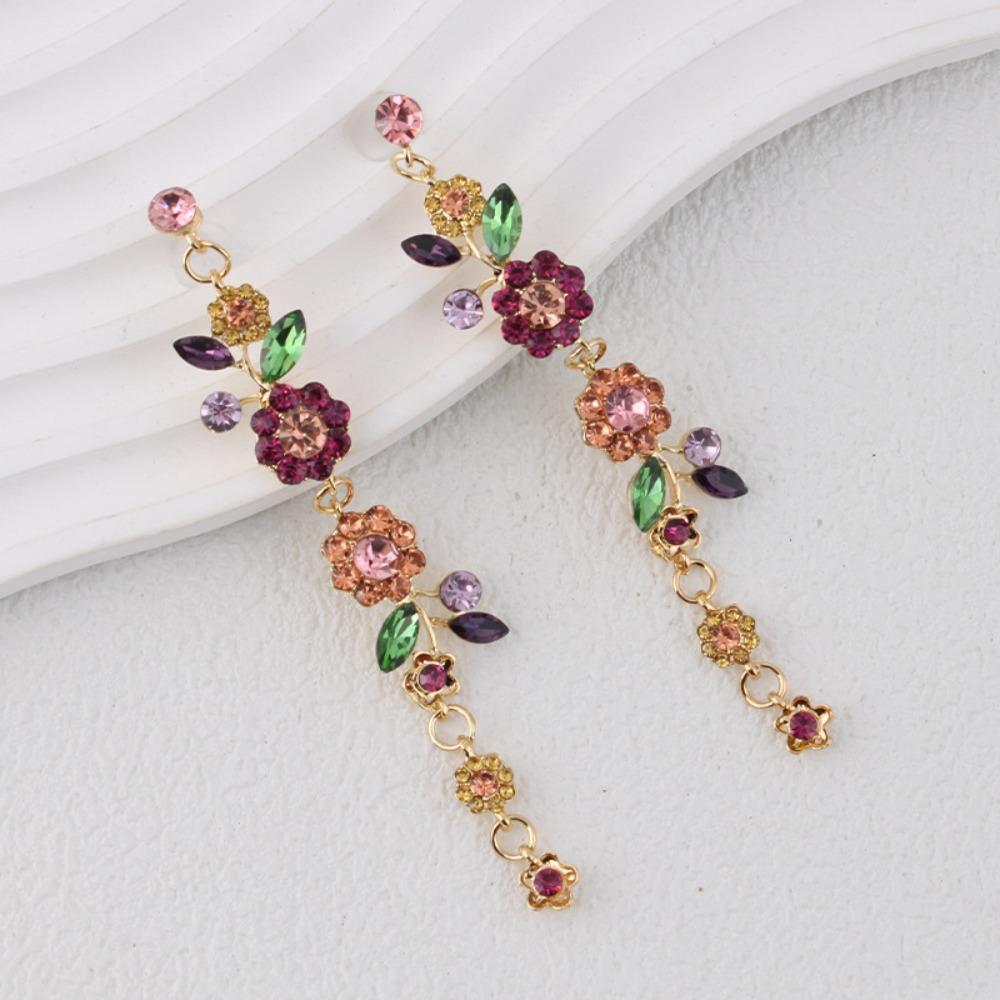 1 Pair Long Flower Drop Earrings Embellished Dangle Earrings  All Seasons Compatible