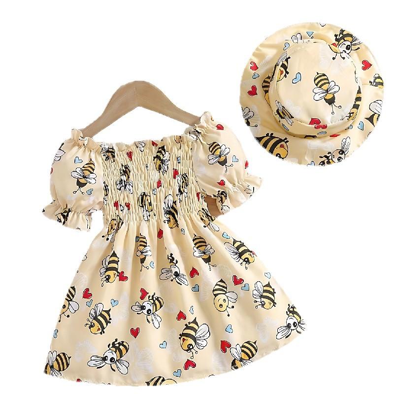 Modisches Prinzessinnenkleid für Mädchen Sommer Kinderkleid mit Bienenprint und süßem Hut