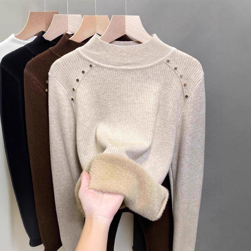Autumn and Winter Warm Fleece Thickened Integrated Fleece Sweater Women's Bottoming Shirt New Semi-turtleneck with Knitted Top