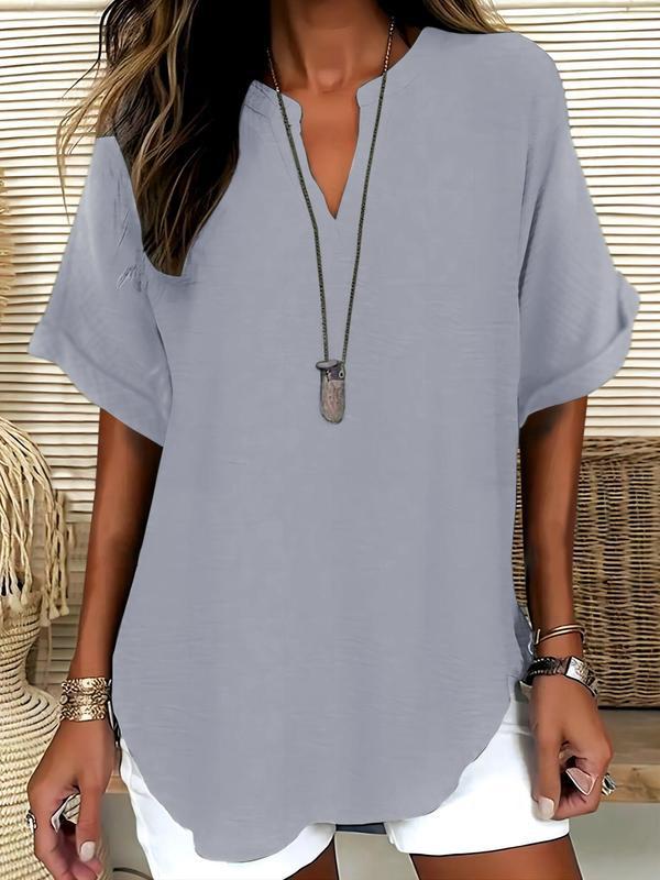 Women's Summer Loose Solid V-Neck Casual Shirt