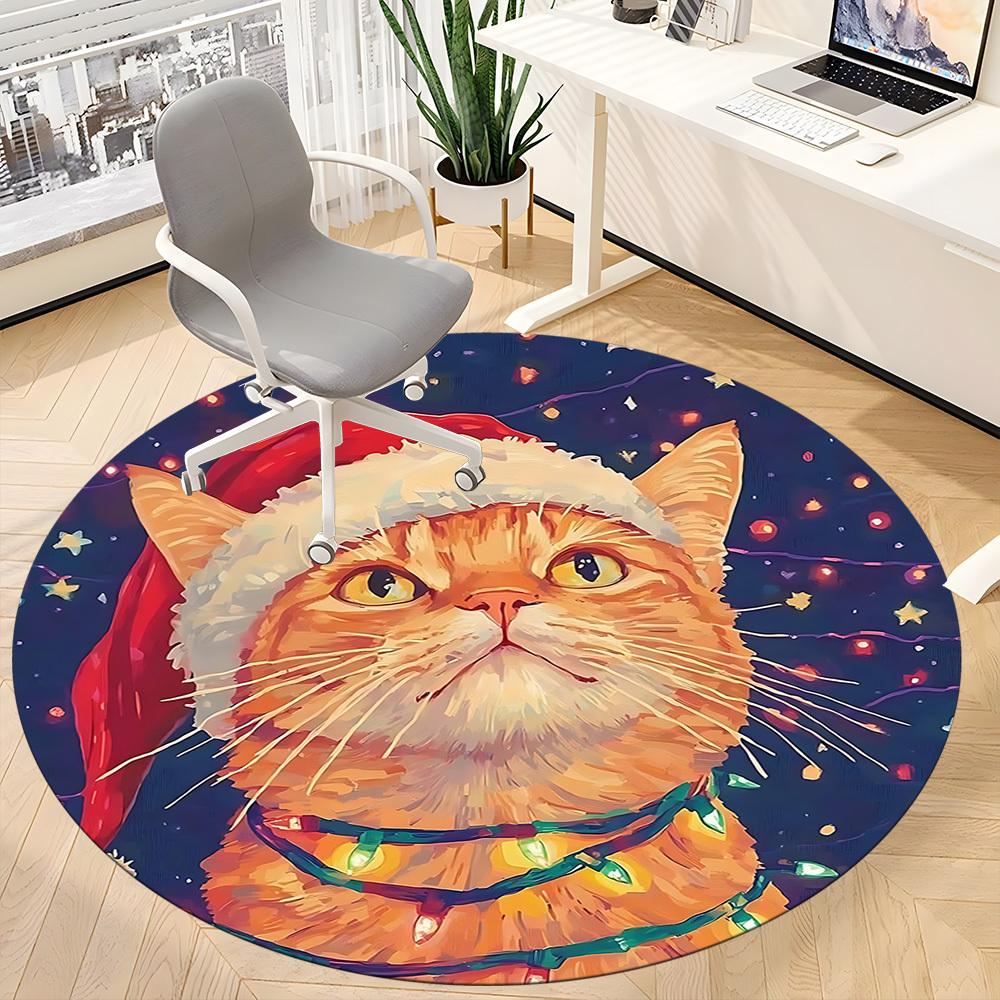 1pc Christmas Cat Office Round Area Rug, Indoor Mat Suitable ForOffice, Under Office Chairs Bedroom Living Room Home Decor, Room Deco T219