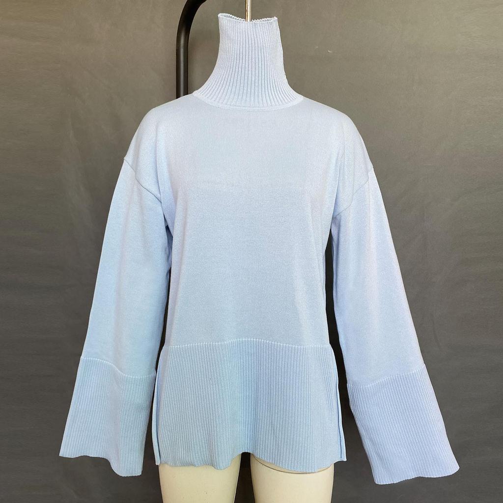 Women Fall Winter Turtleneck Long Sleeve Knit Striped Slit Loose Sweater