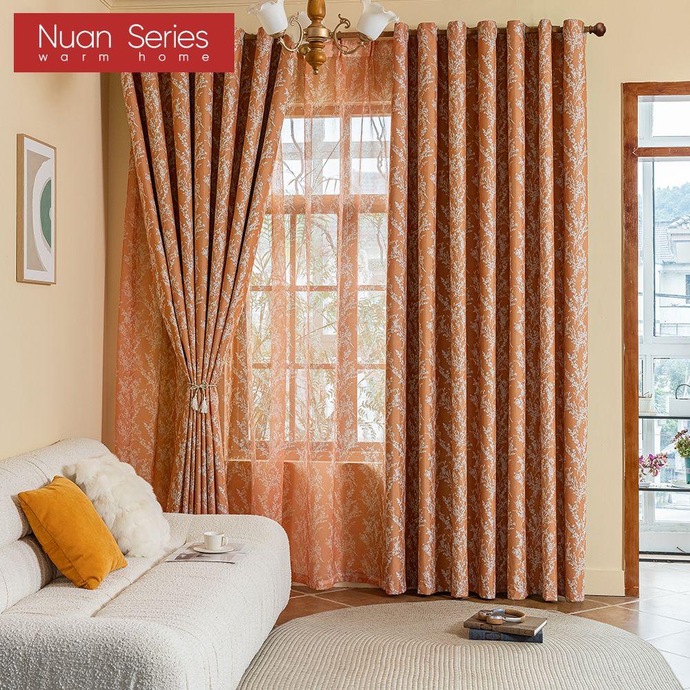 1PC Nuan Series American Retro Pastoral Style Orange Printed Curtains Full Blackout Curtains for Bedroom Living Room Balcony Window for Home Decor
