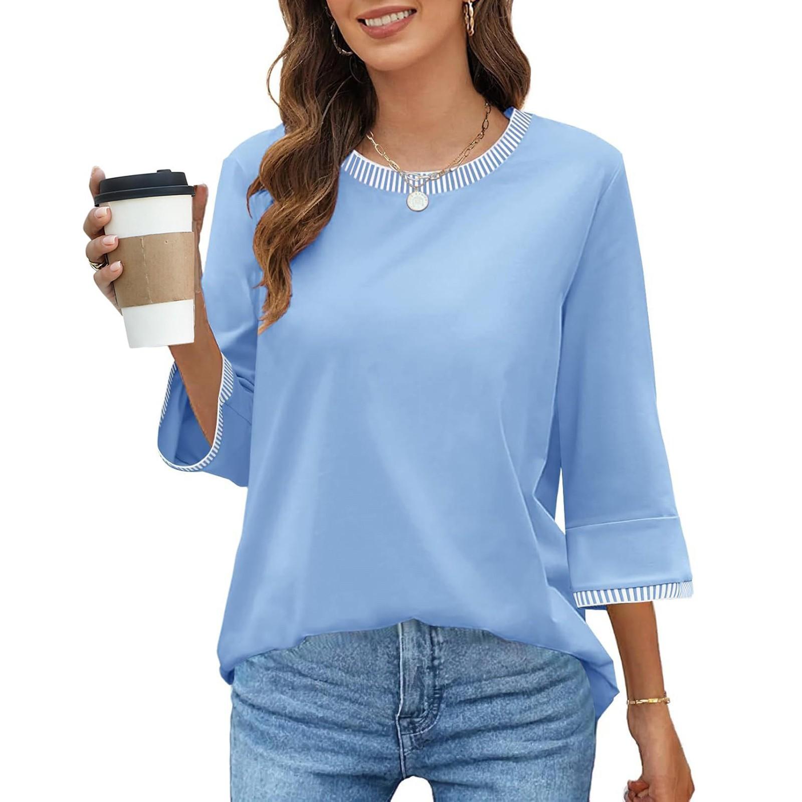 

Women s Fashion Loose Round Neck Clashing Colour T-Shirt Seven Sleeve Top M