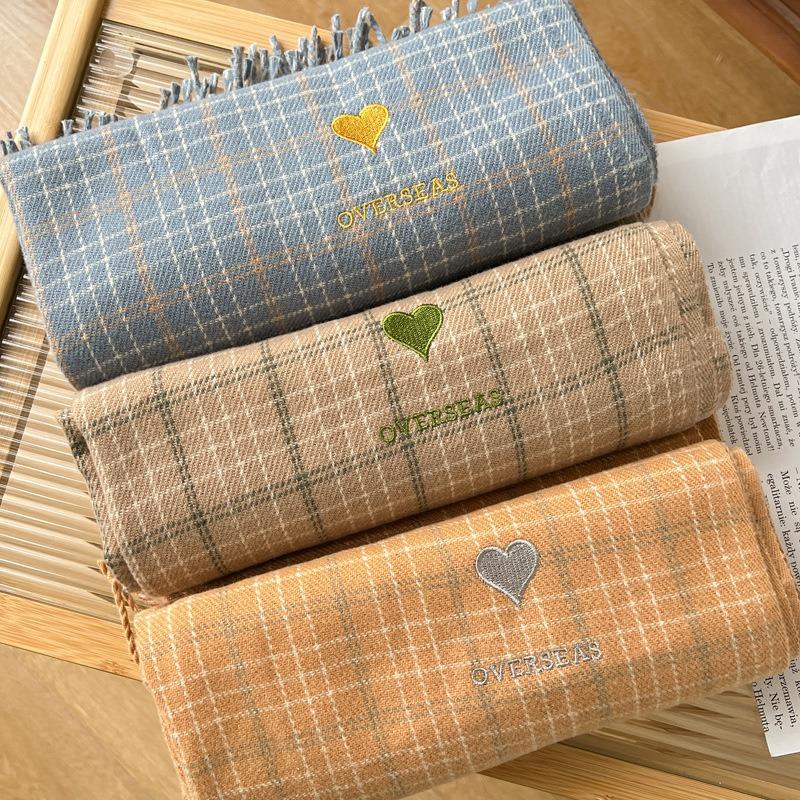 Love Beige Plaid Scarf Women's Autumn and Winter New Student Imitation Cashmere Shawl Dual-purpose Scarf