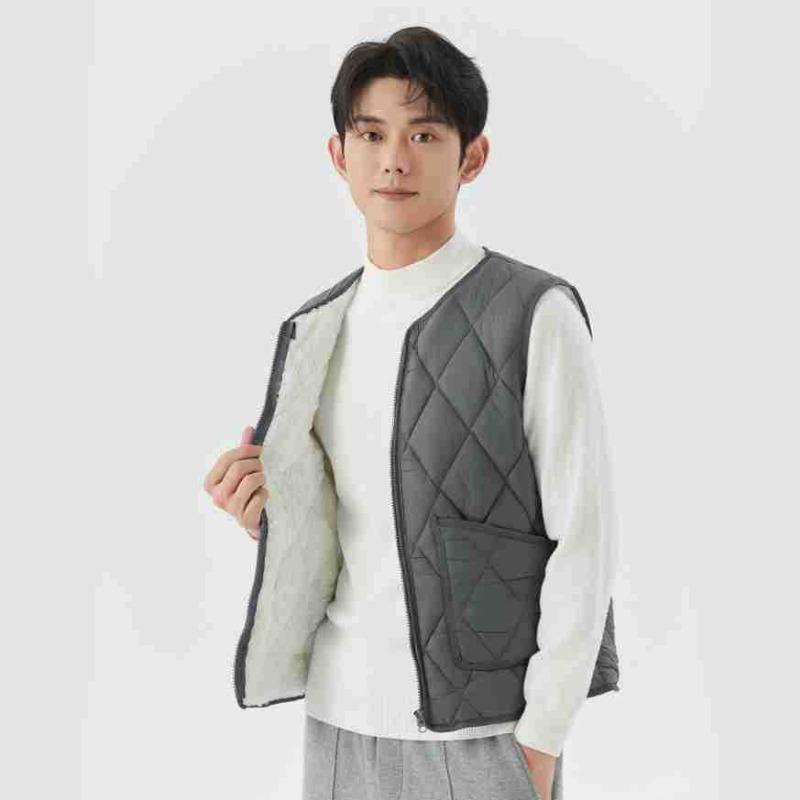 Men's new autumn and winter velvet warm zipper enlarged vest outer pocket men's rhombus short vest
