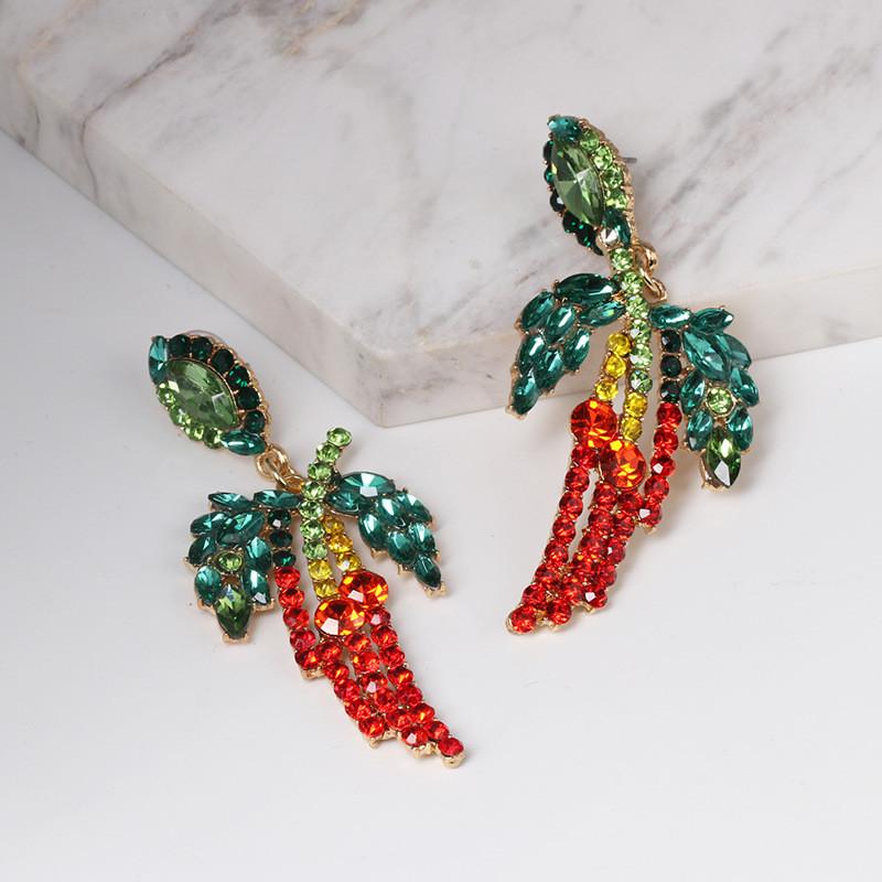 Pinkdudu Chili Pepper & Leaf Earrings Bold Red & Green Rhinestone Studs Fashionable PD1017