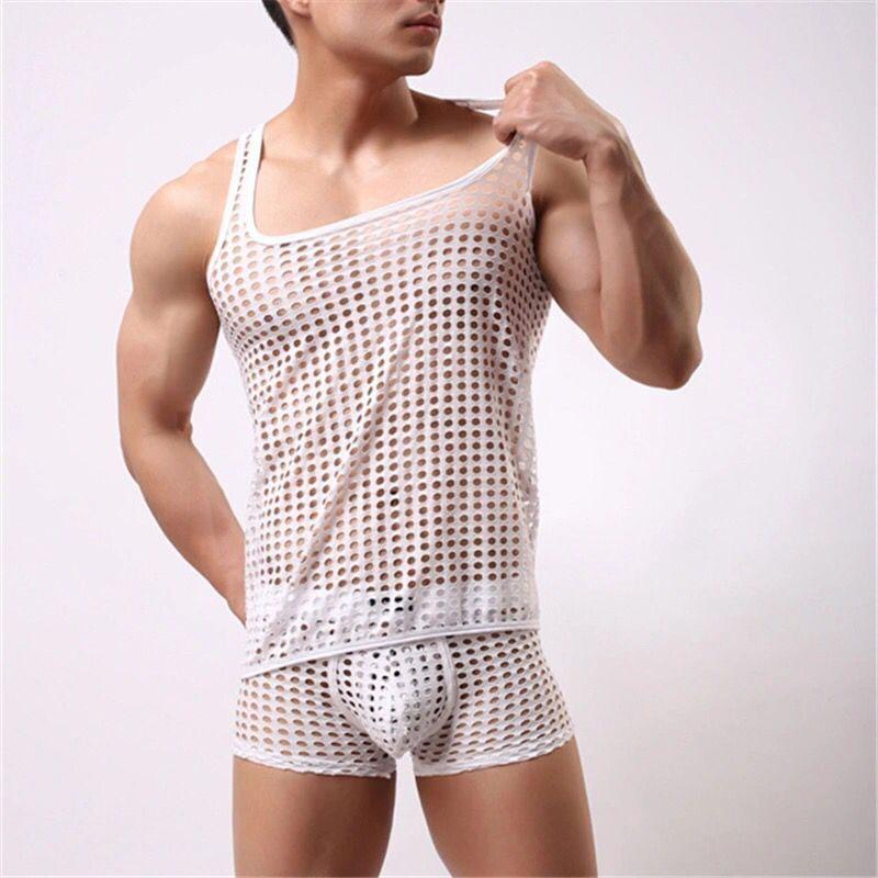 Fashion Round Neck Solid Color Tank Tops Men's Hollow Out Grid Mesh Breathable Sleeveless Summer