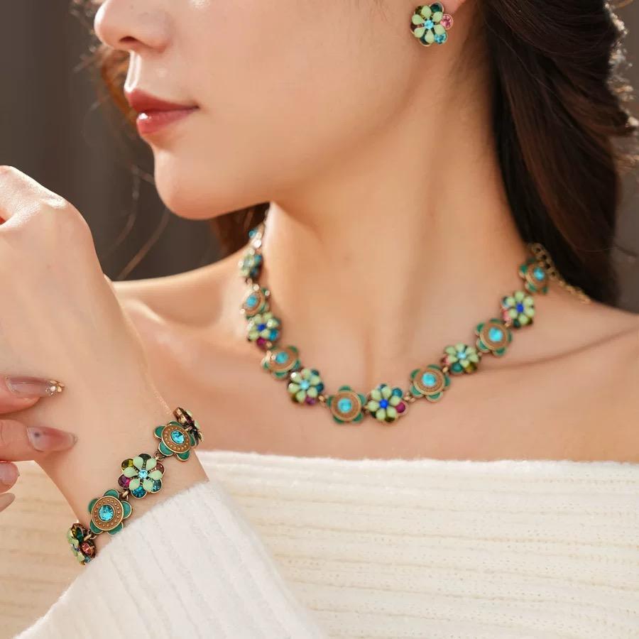 Vintage Enamel Floral Necklace Earrings Bracelet Set Retro Luxury Court Style Jewelry
